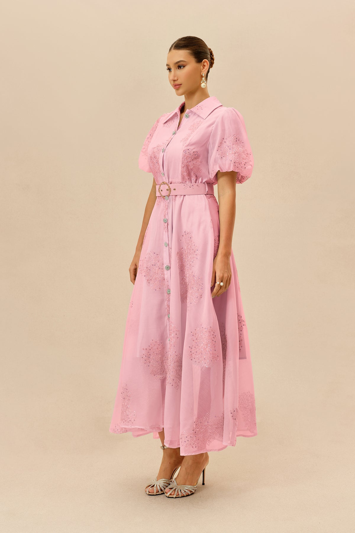 Pink Floral Embroidered Maxi Dress Belted Shirt Collar - 5