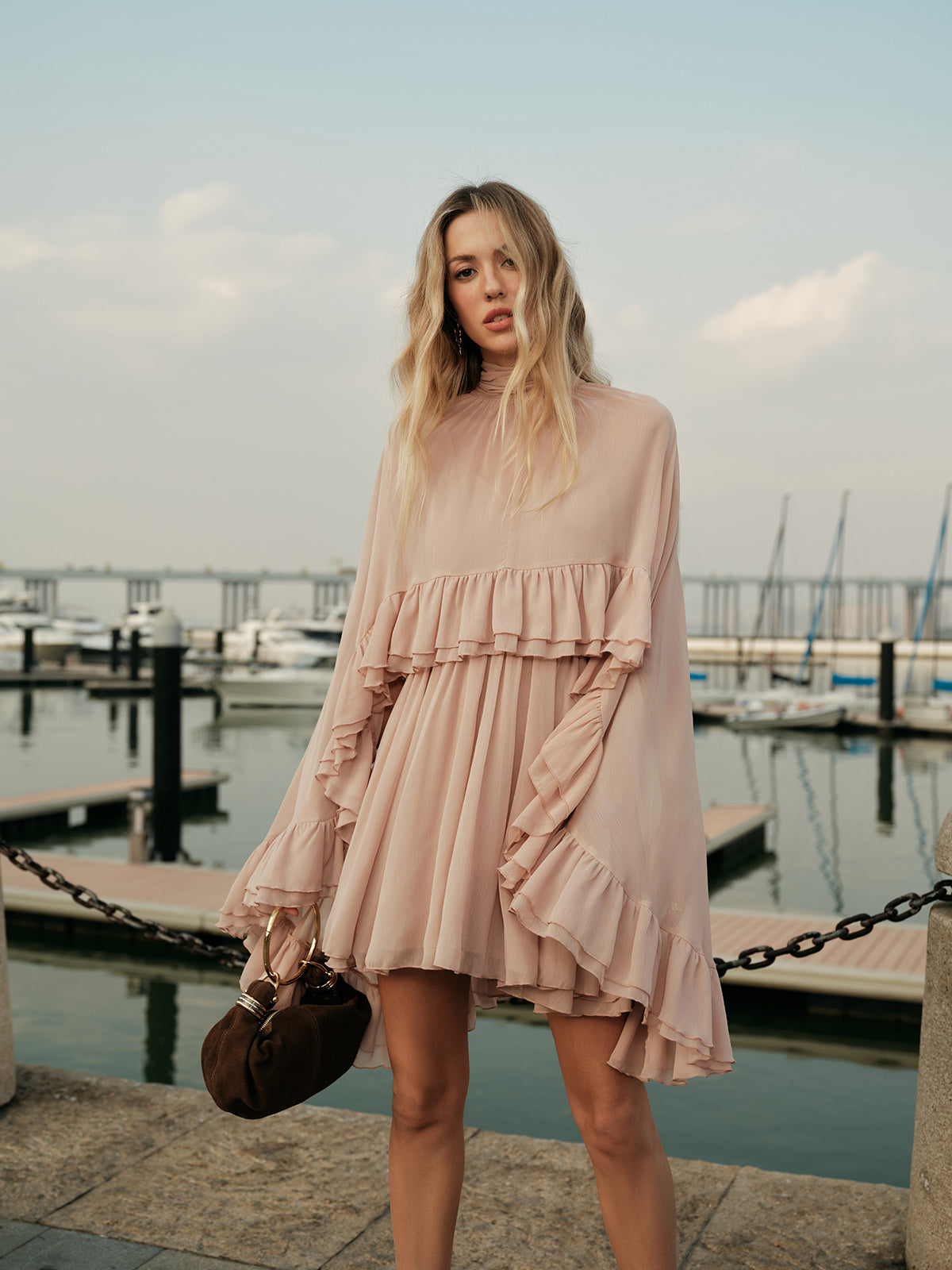 Chiffon Mini Dress with Ruffle Cape Overlay - view 2