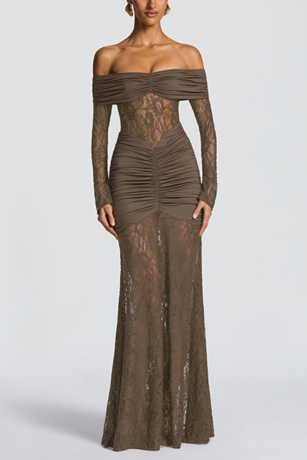 Off-Shoulder Pleated Lace Maxi Dress - view 3