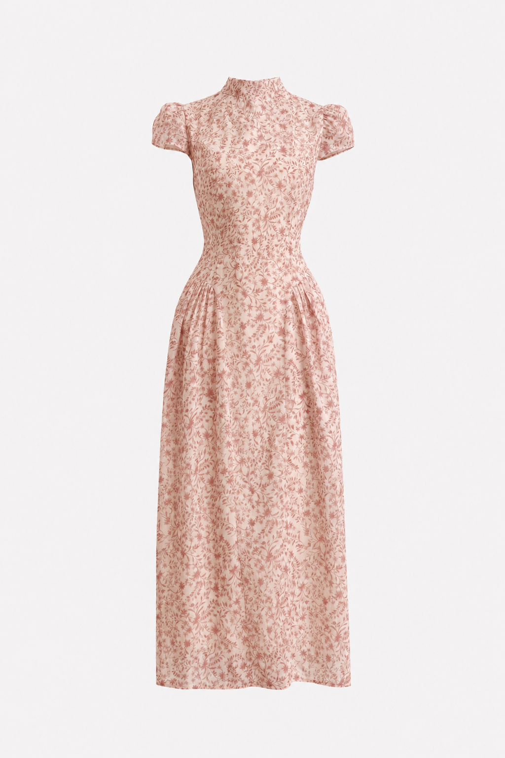 Pink Floral Mock Neck Maxi Dress, Cap Sleeves