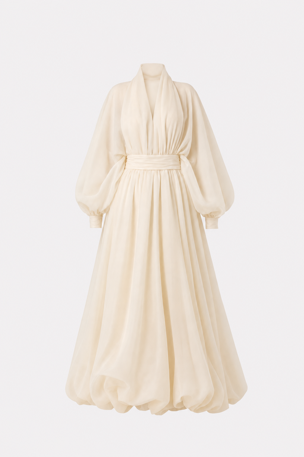 Beige Deep V Puff Sleeve Chiffon Maxi Dress