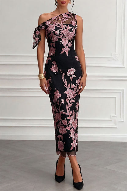 One-Shoulder Bow Lace Sheath Maxi Dress - view 3
