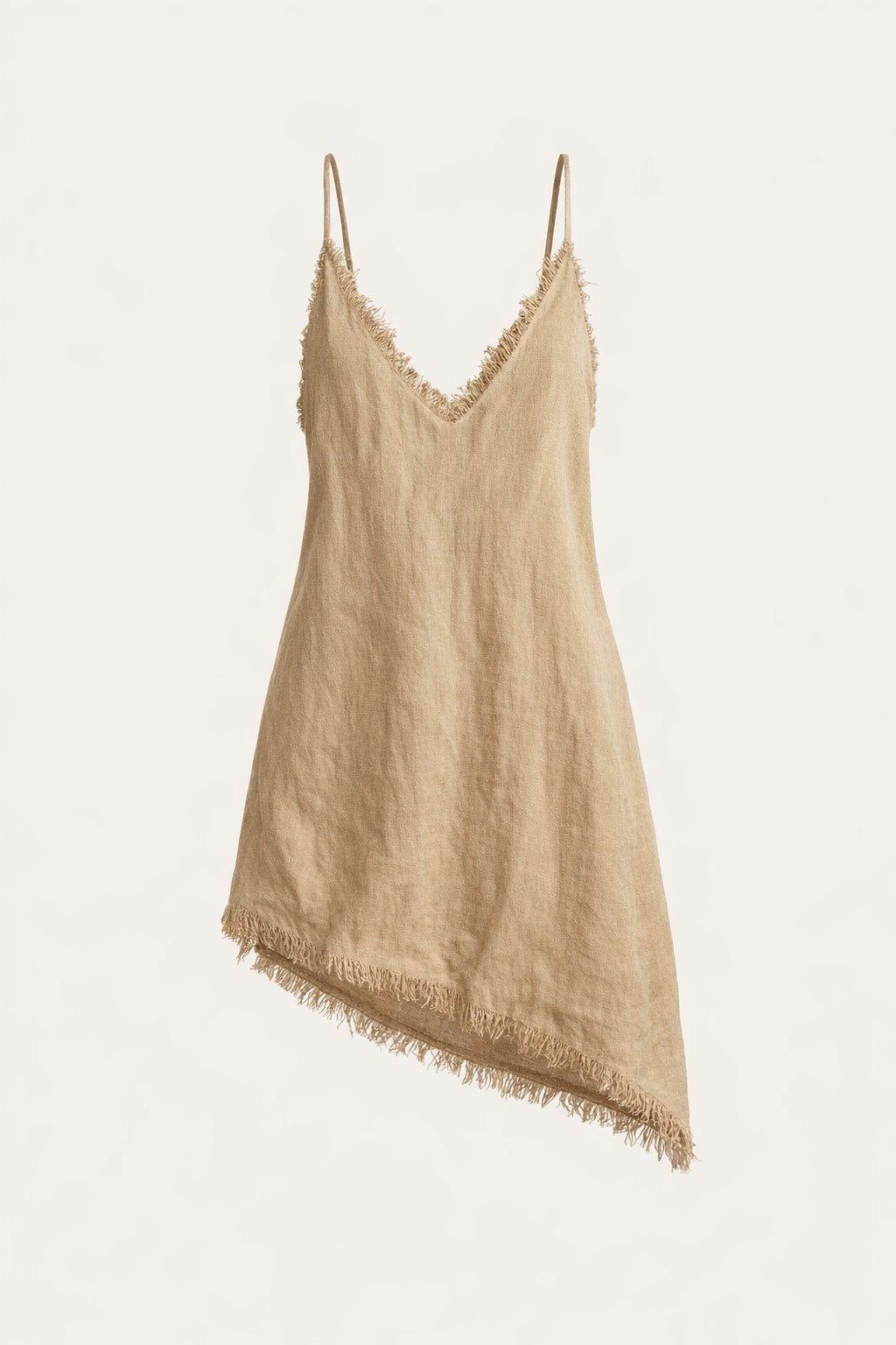 Linen Blend Mini Dress with V-Neck and Frayed Edges - 1