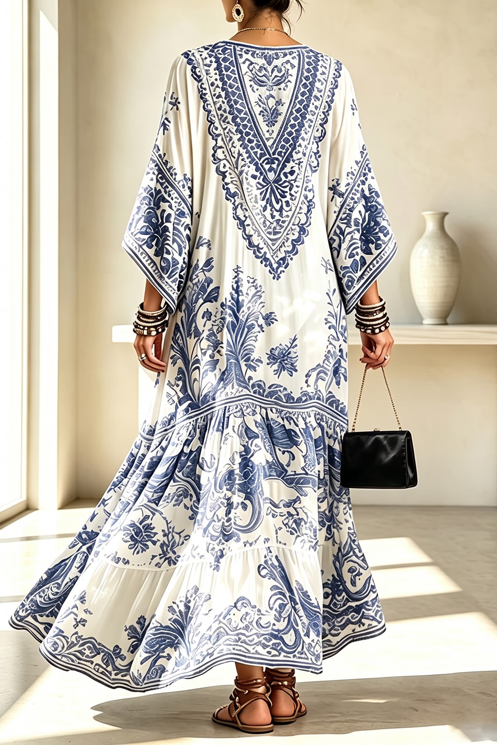 Polyester Maxi Dress With Wide Sleeves And V-Neck - 4