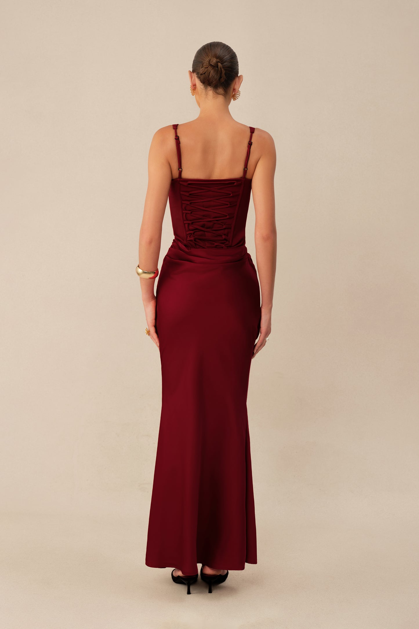Red square neck corset maxi dress with draped waist - view 4