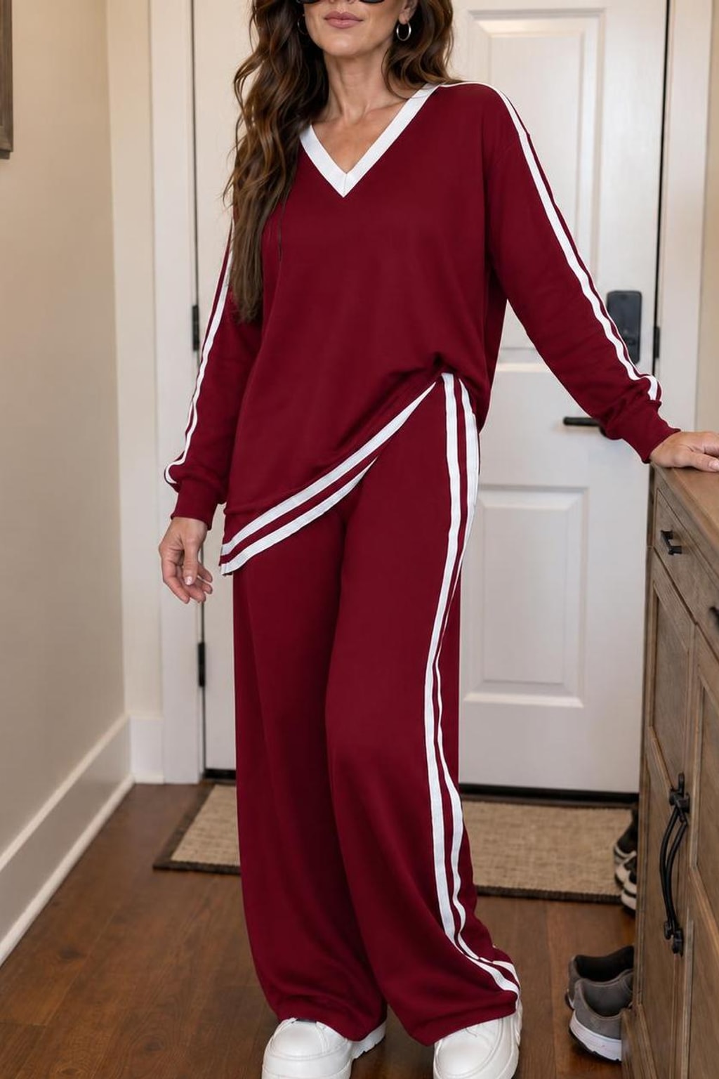 Polyester Knit Wrap Top Wide-Leg Pants Set - 5