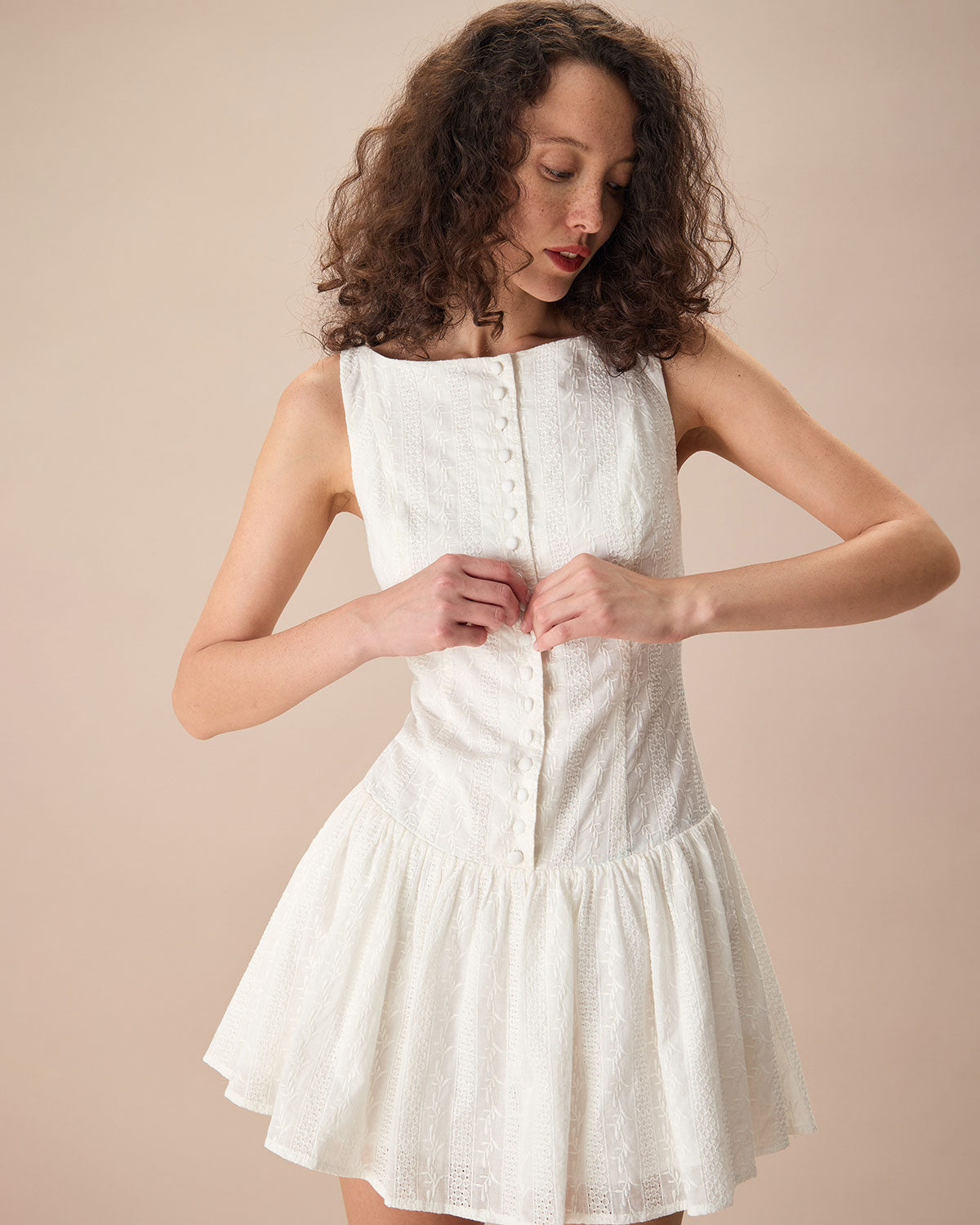 White jacquard cotton mini dress with boat neck - view 3
