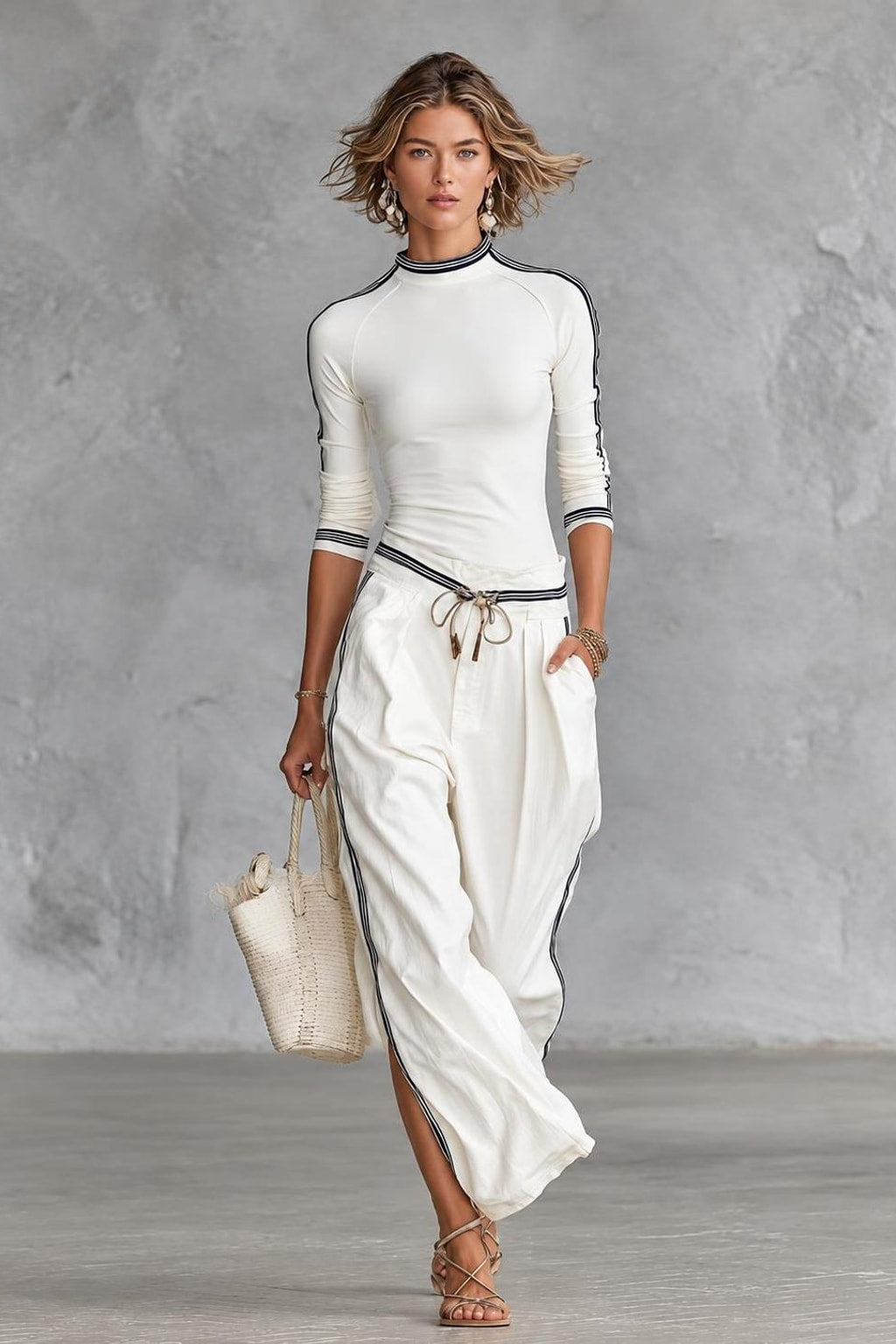 Striped-Trim Two-Piece Set With Wide-Leg Pants - 3