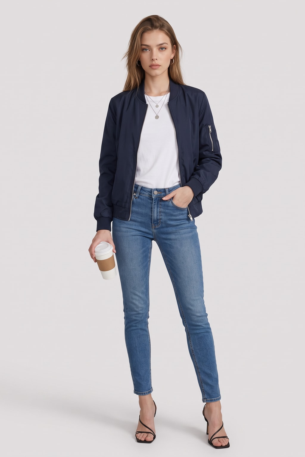 Woven Bomber Jacket Casual Zip Front - 2