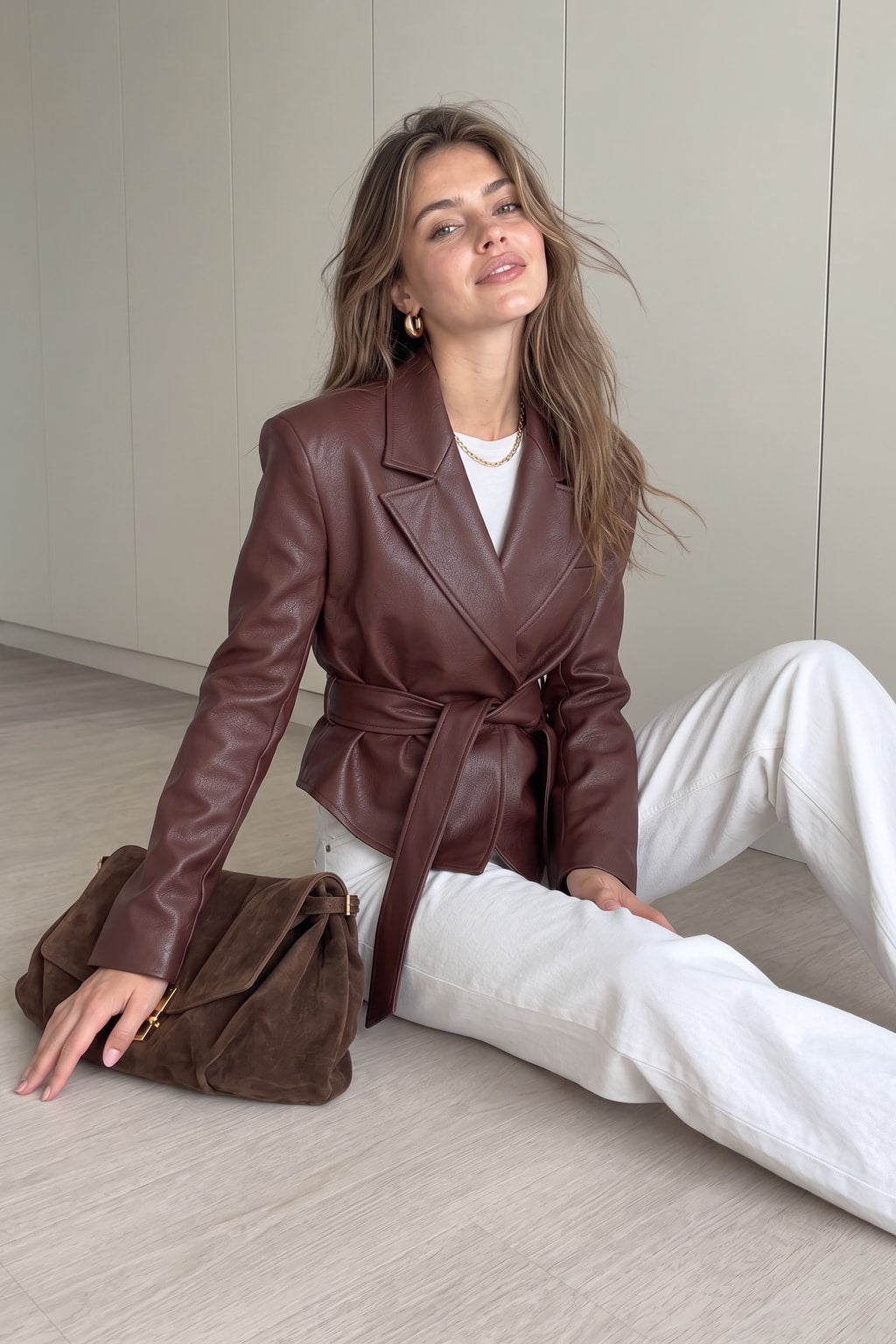 Lapel Faux Leather Belted Crop Jacket - 4