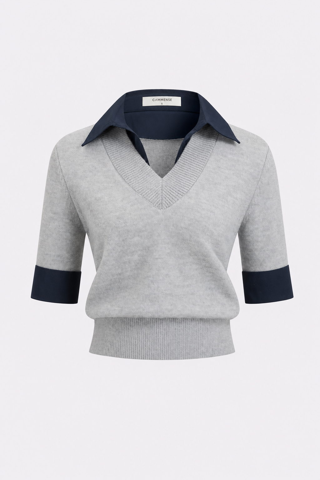 Contrast Collar Knit Top, Elbow Sleeves