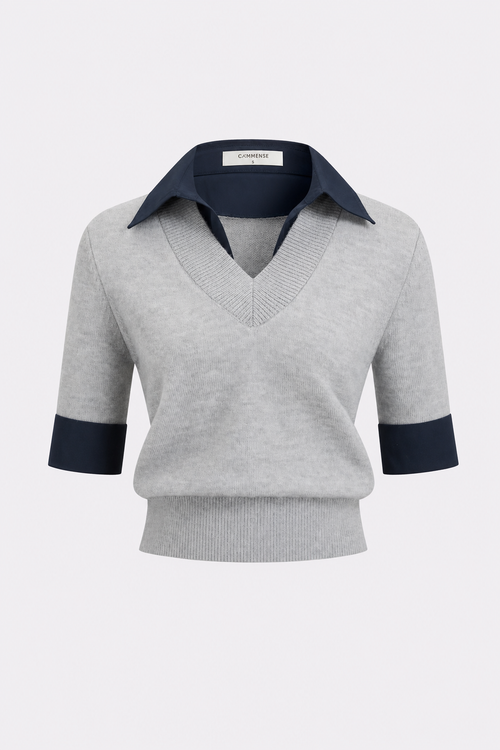 Contrast Collar Knit Top, Elbow Sleeves