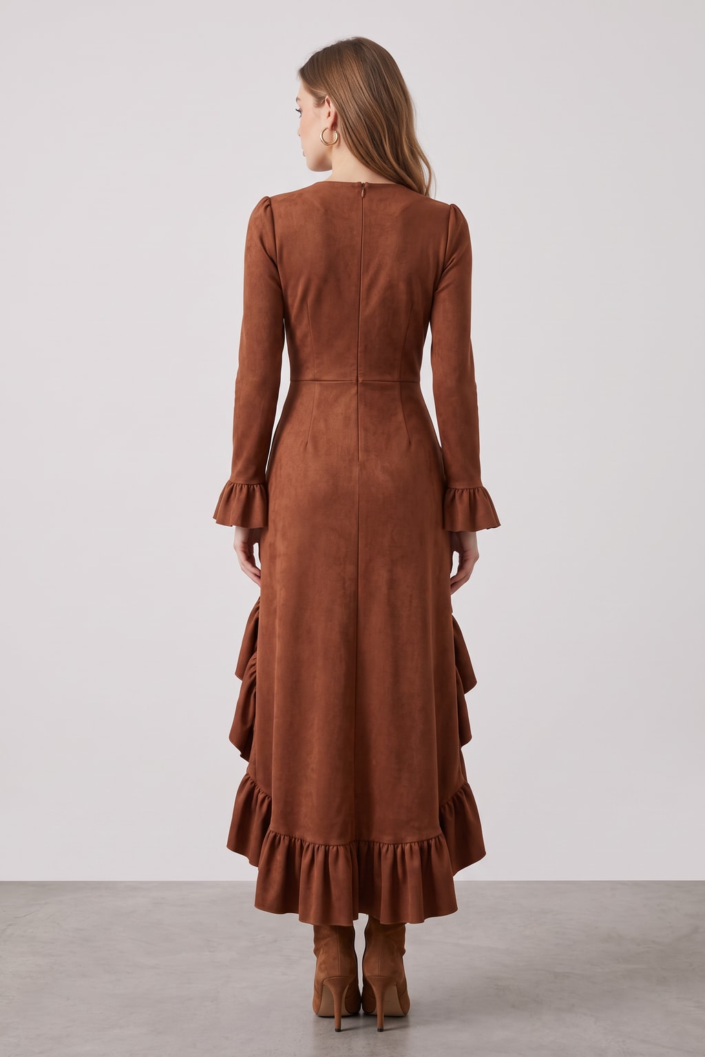 Wrap Dress Brown Boho Chic Ruffled Hem - 4