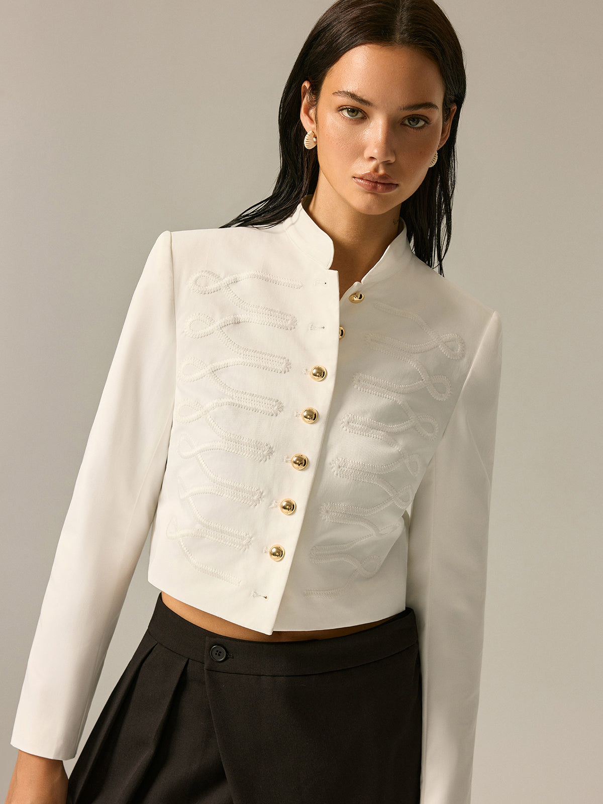 Off-white woven blazer with embroidered stand collar - view 6