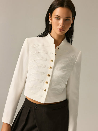 Off-white woven blazer with embroidered stand collar - view 6