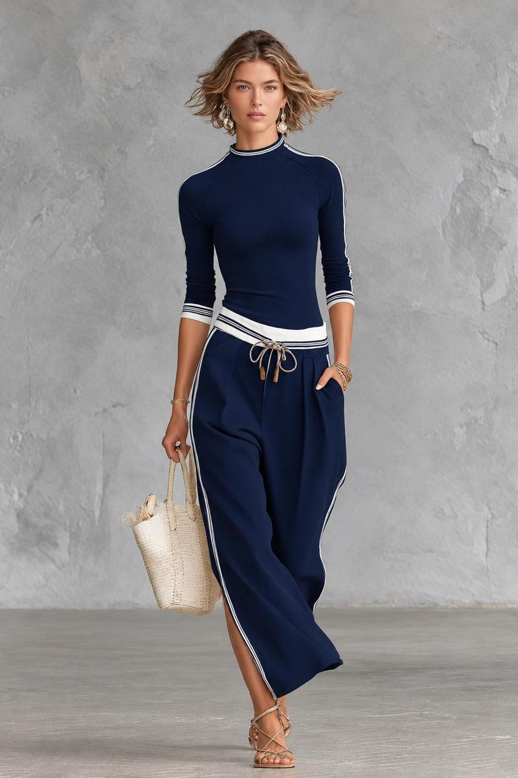 Striped-Trim Two-Piece Set With Wide-Leg Pants - 6