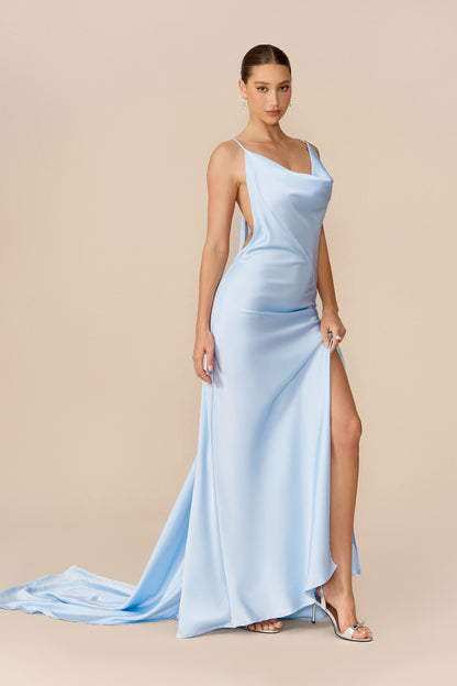 Blue satin cowl neck maxi dress with high side slit - view 6