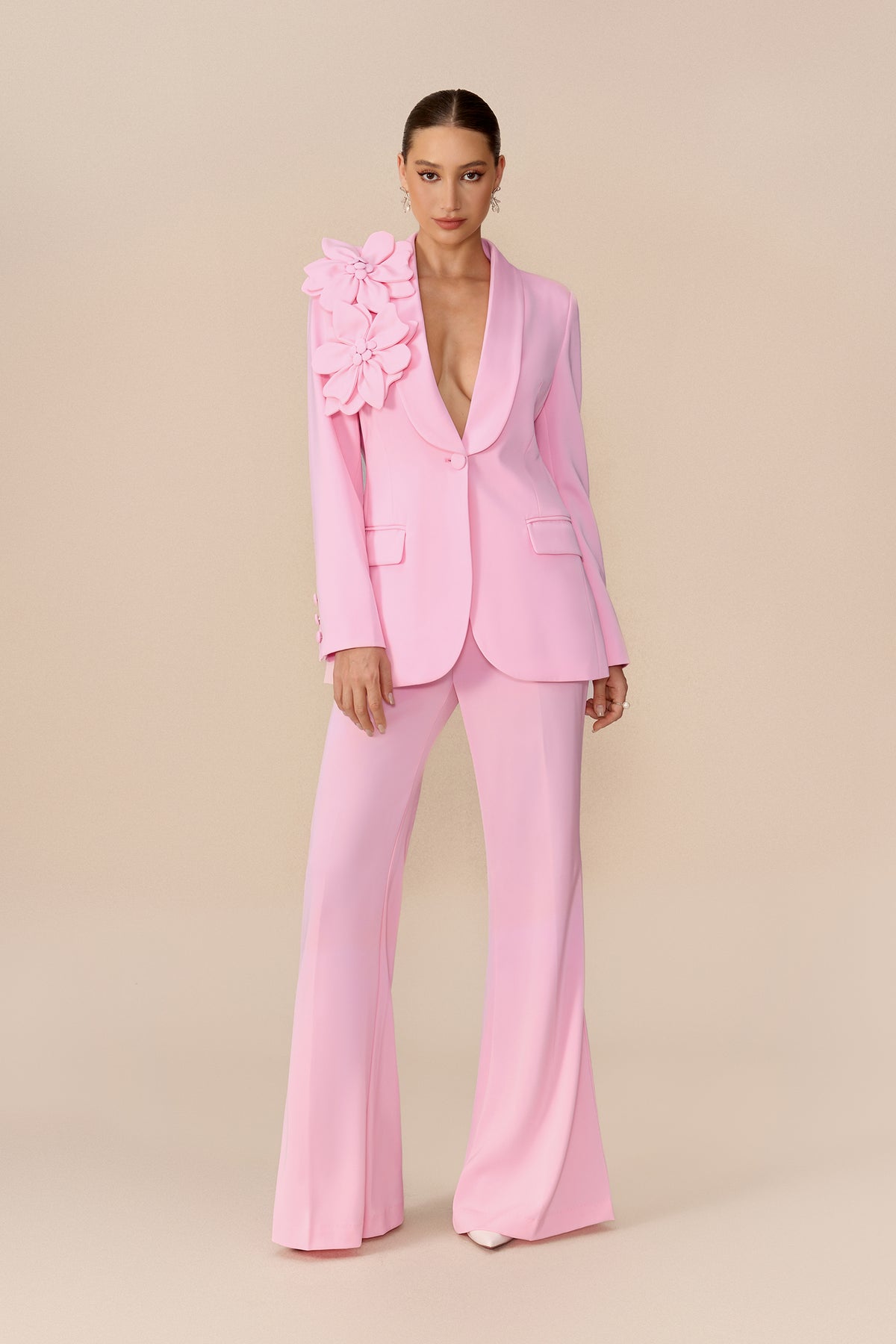 Floral Applique Blazer and Flare Pants Set - view 4