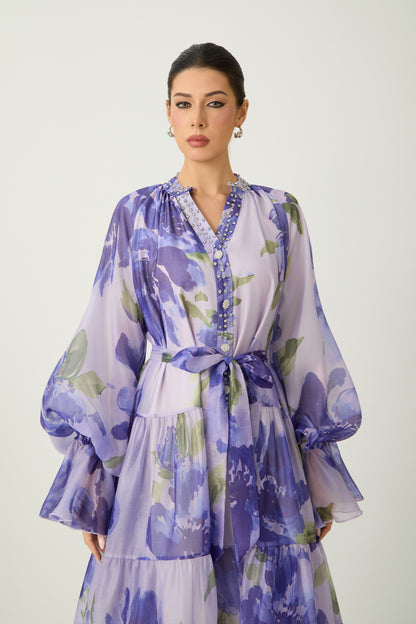 Purple floral print tiered maxi dress - view 3