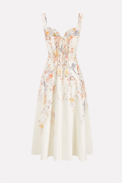 Floral Bird Print Bustier Midi Dress in Beige - view 6