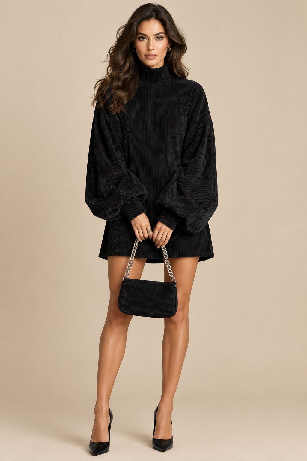 Polyester Mini Dress With Ribbed Turtleneck - 6