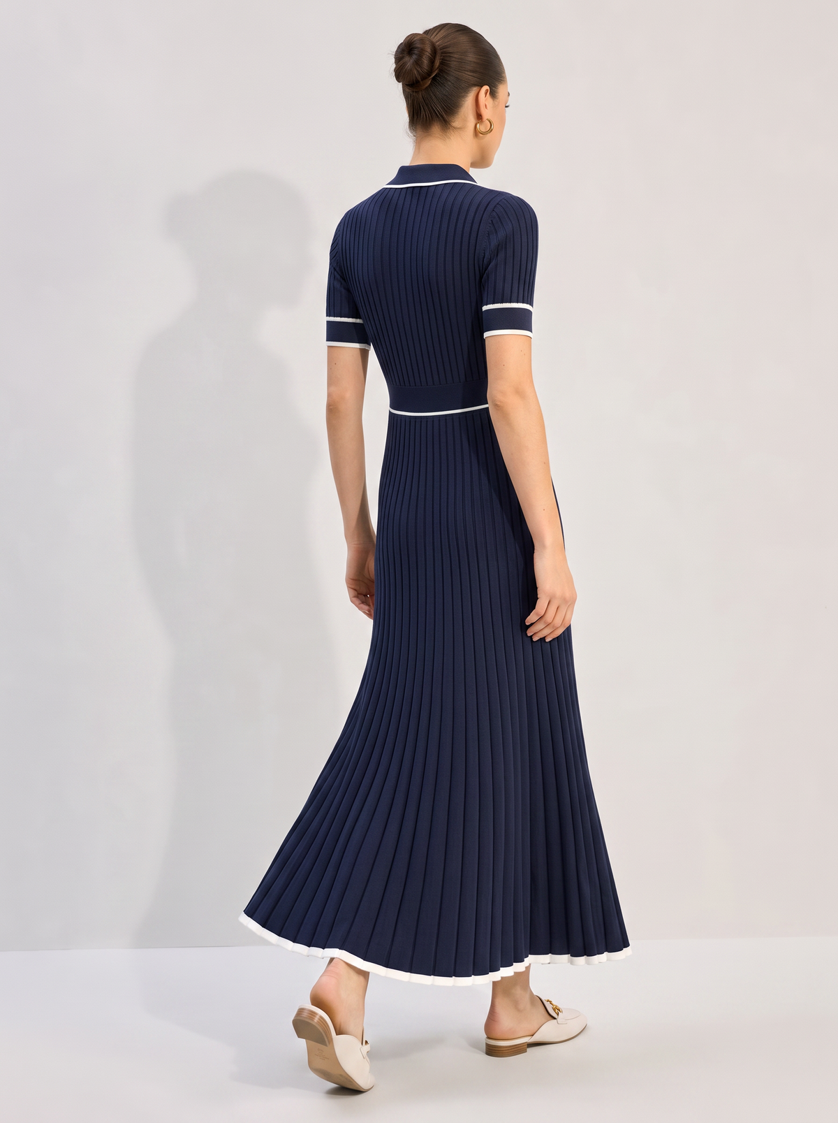 Blue Rib Knit Midi Dress, Contrast Collar - view 3