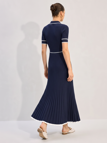 Blue Rib Knit Midi Dress, Contrast Collar - view 3
