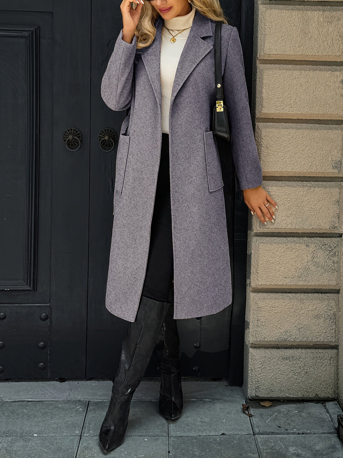 Tailored belted long coat with waist tie - view 23