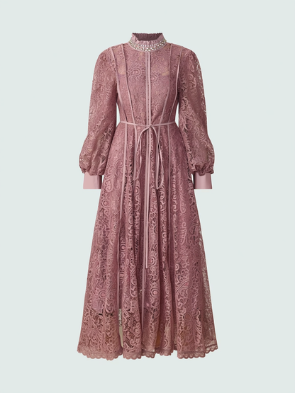 Balloon Sleeve Lace Maxi Dress in Pink