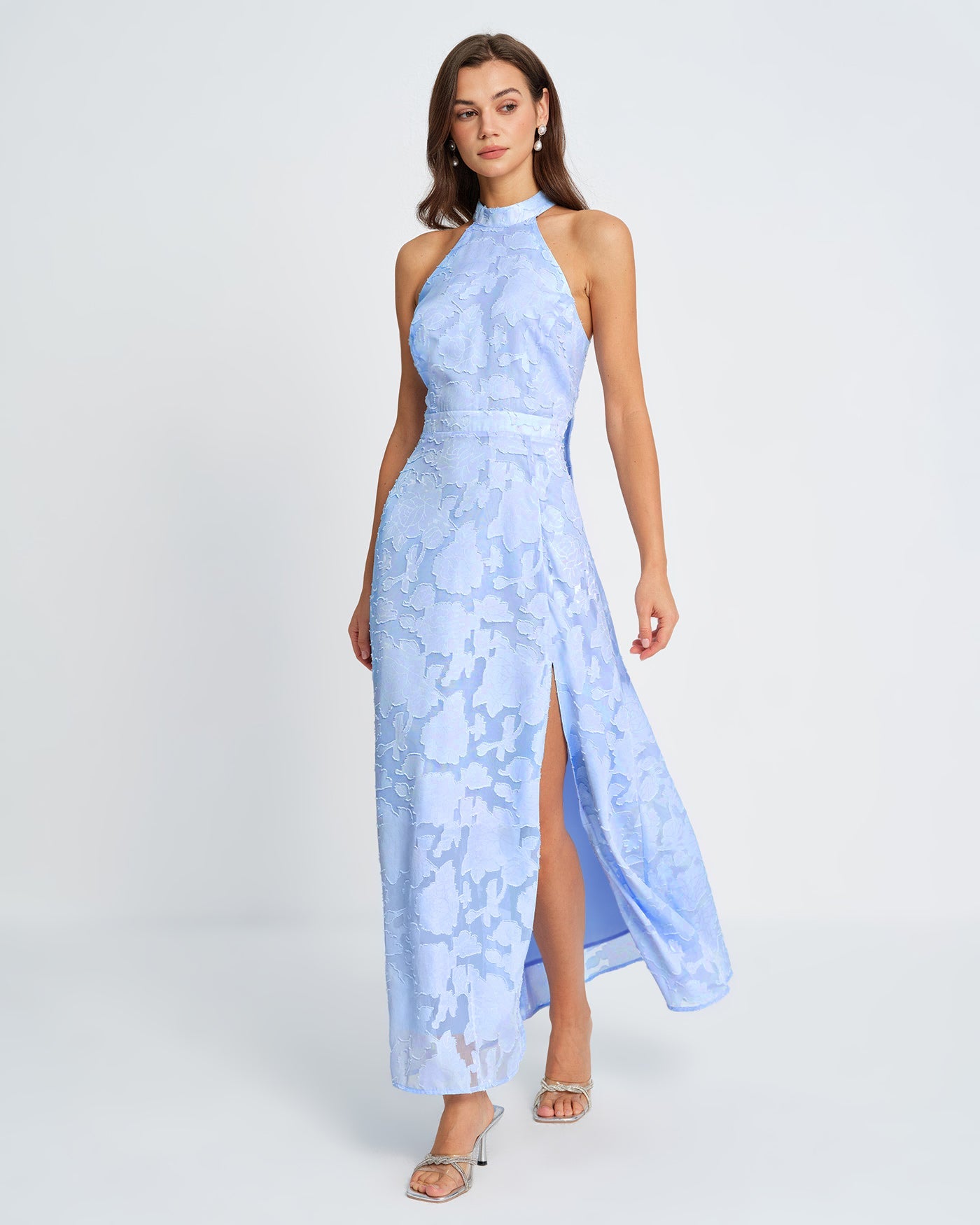 Blue Jacquard Maxi Dress with Open Back - view 5