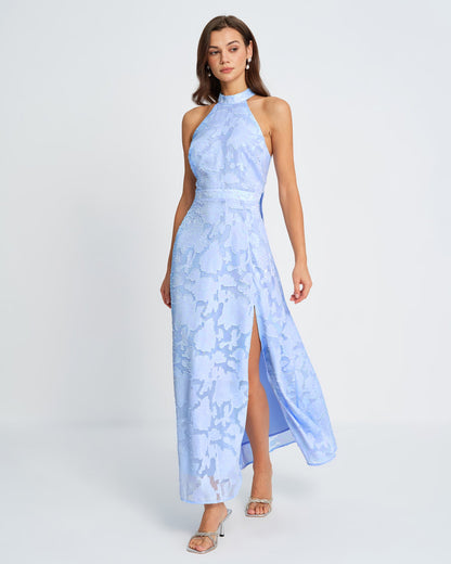 Blue Jacquard Maxi Dress with Open Back - view 5