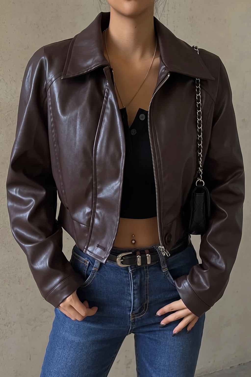 Brown Faux Leather Cropped Moto Jacket With Notched Collar - 2