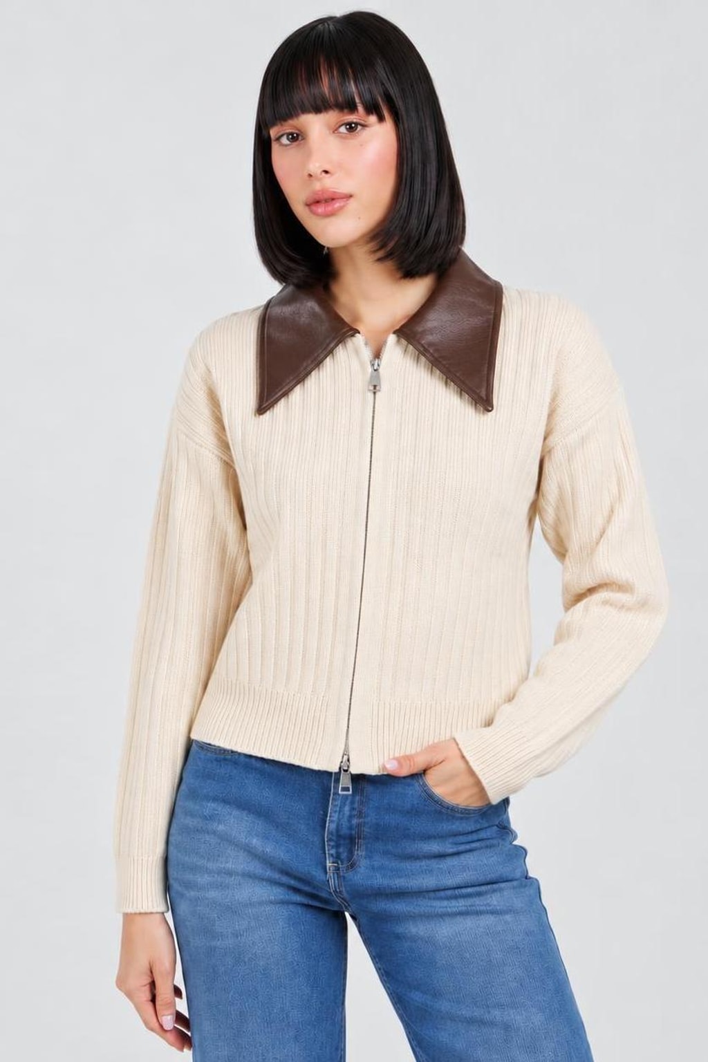 Ribbed Knit Zip-Front Cropped Sweater - 6