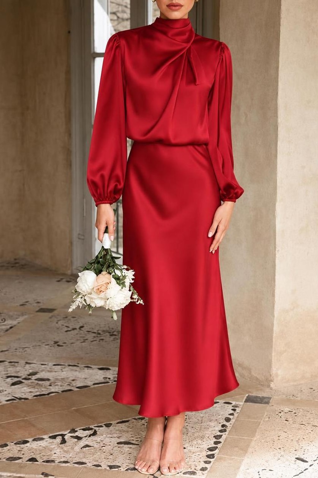 Satin High-Neck Midi Dress - 12