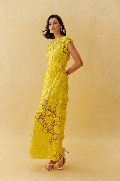 Yellow floral lace maxi dress with belt - view 5