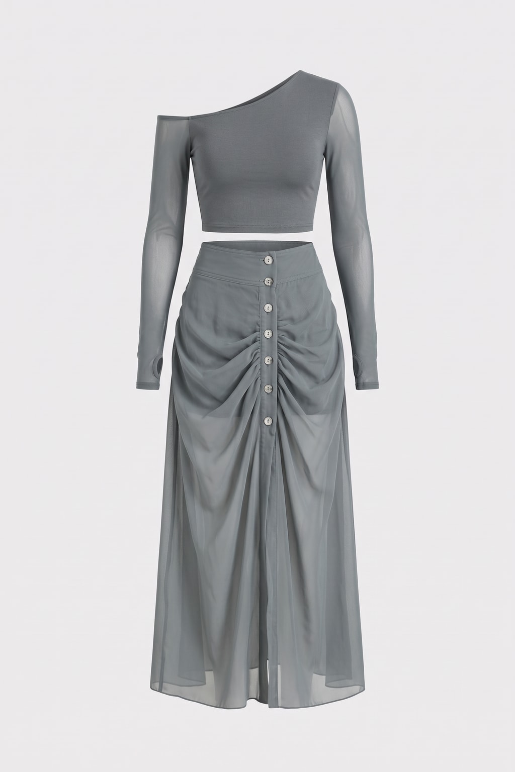 Slate grey sheer mesh two-piece set with a one-shoulder long-sleeve crop top and a high-waist ruched button-front maxi skirt