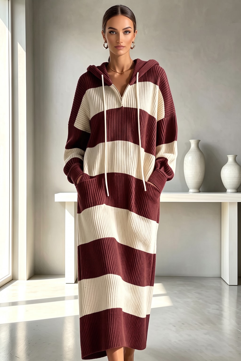 Knit Hooded Sweater Midi Dress - 6
