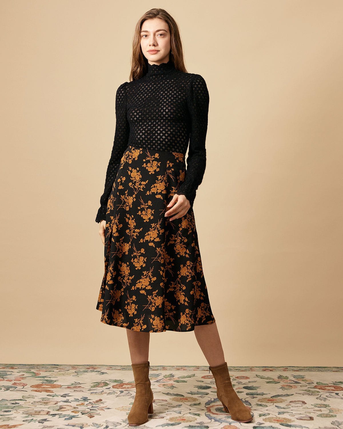 Black Floral High-Waist A-Line Midi Skirt - view 2