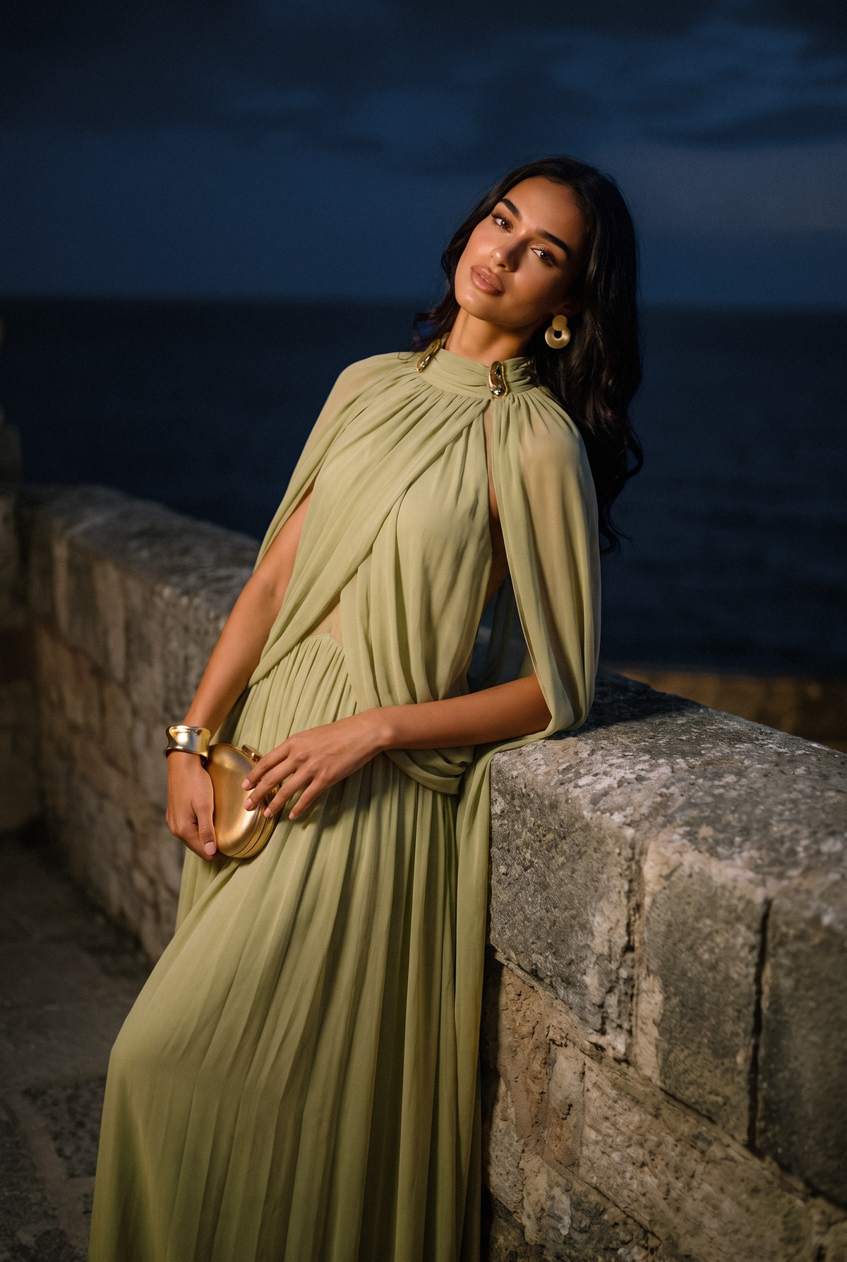 Green Draped Maxi Dress with Cape Sleeves - view 5