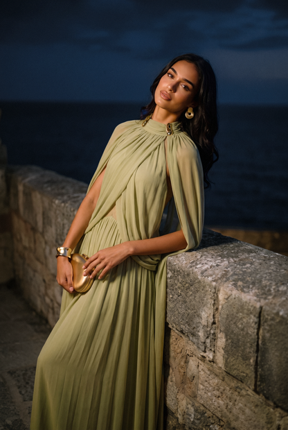 Green Draped Maxi Dress with Cape Sleeves - view 5