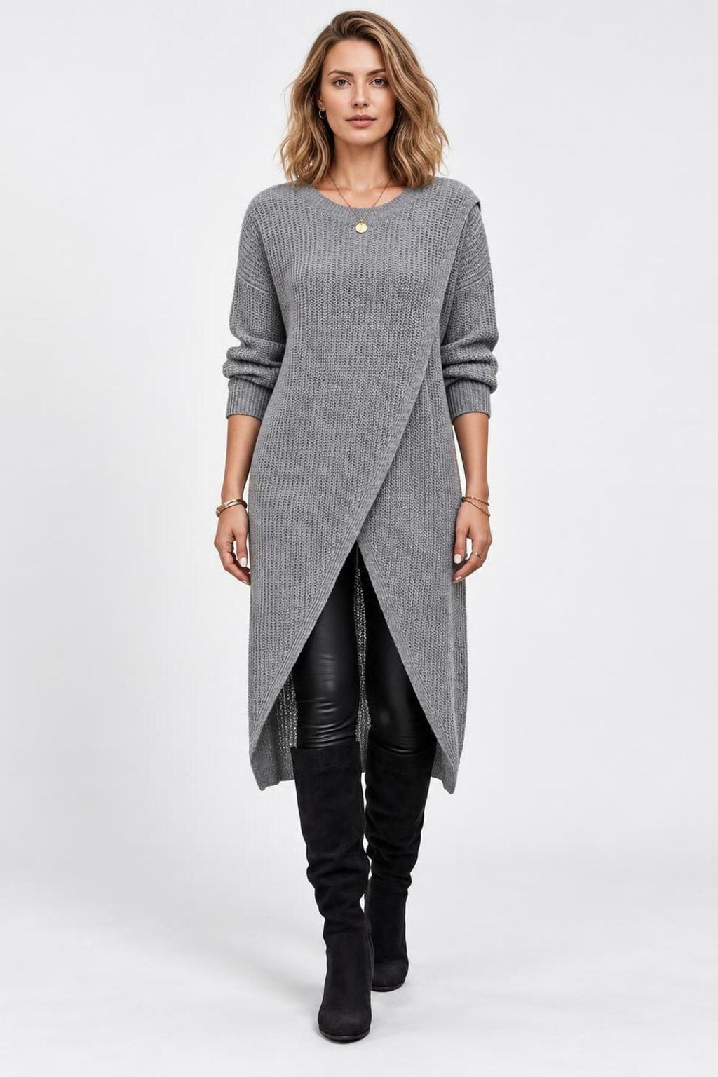 Rib Knit Wrap-Front Tunic Top - 3
