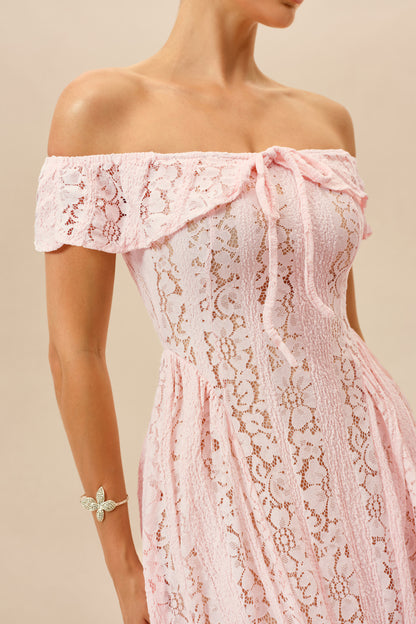 Off-Shoulder Floral Lace Midi Dress in Pink - view 3