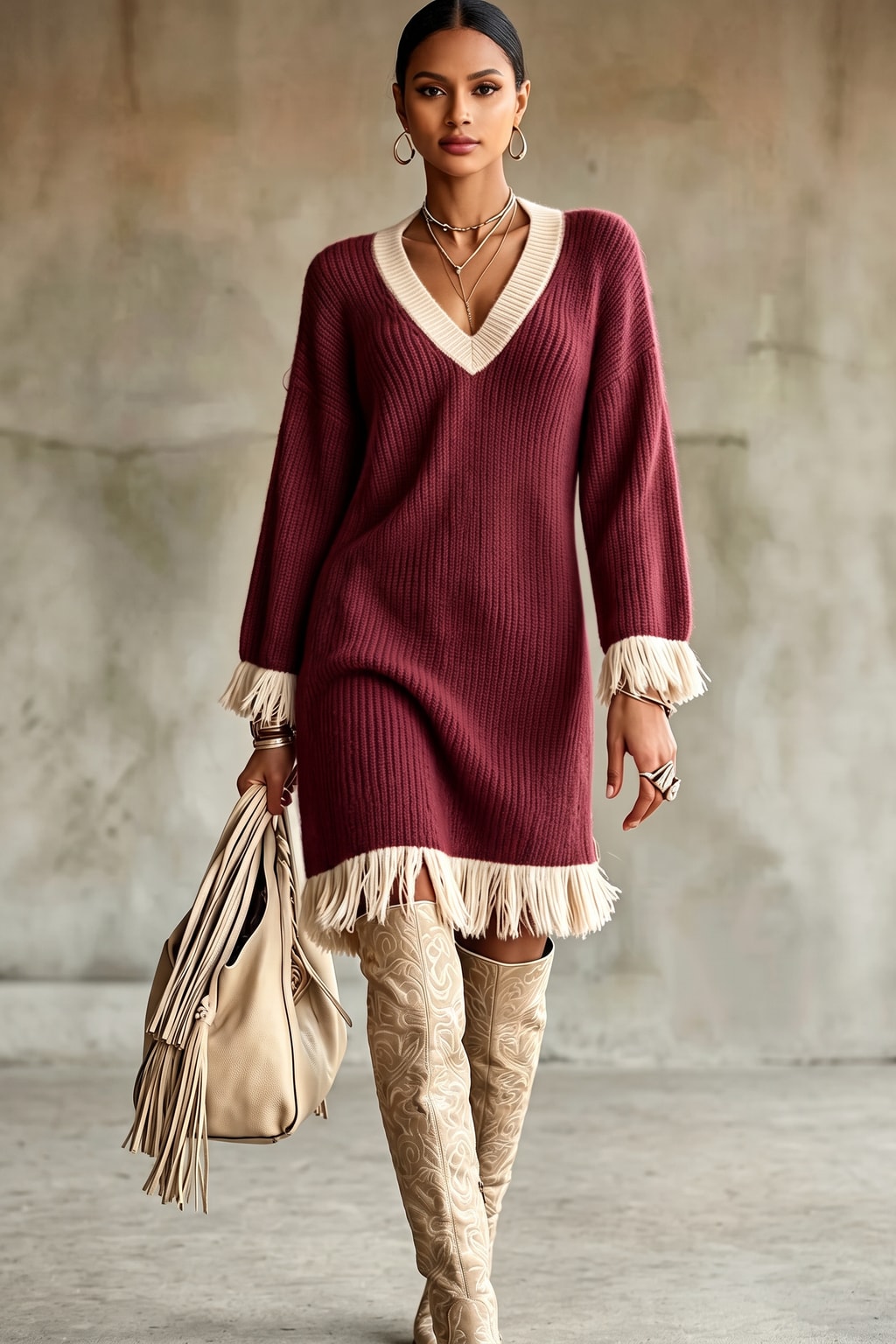 Polyester Knit Dress With Tassel Hem - 5