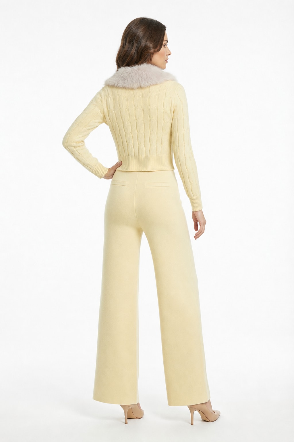 Knit Cardigan And Pants Set With Faux Fur Collar - 3