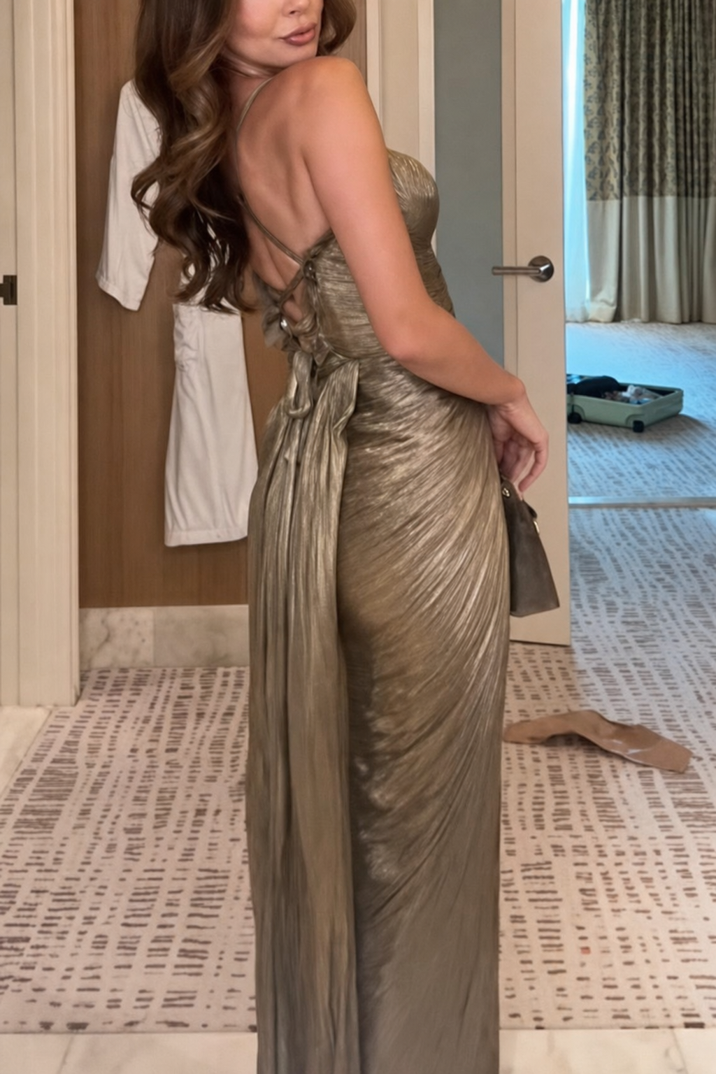 Metallic Pleated Maxi Dress With Lace-Up Back - view 3