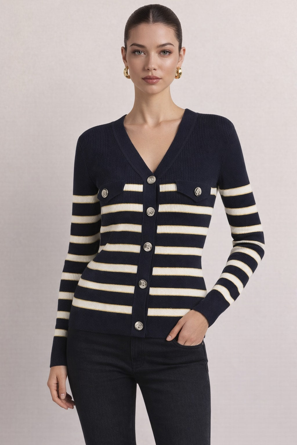 Knit Open Cardigan Sweater With Slim V-Neck - 5