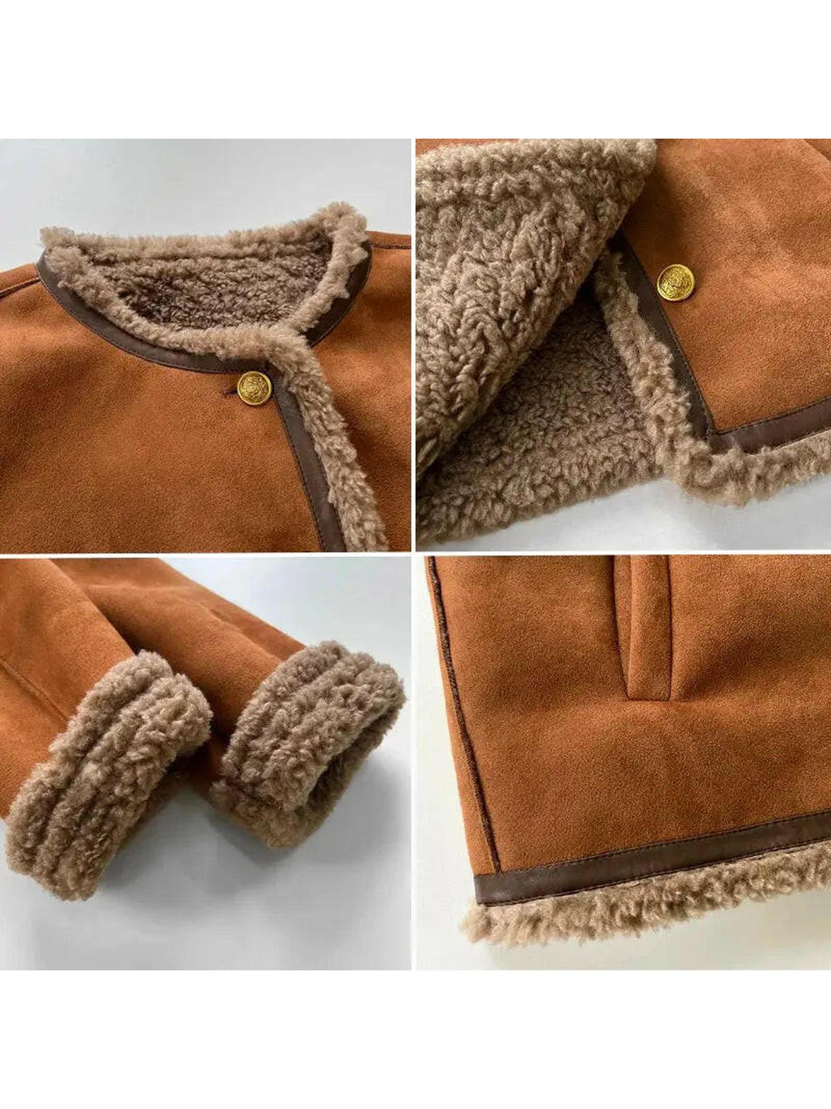 Brown cropped suede shearling collarless jacket - view 6