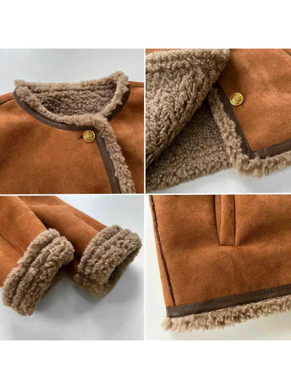 Brown cropped suede shearling collarless jacket - view 6