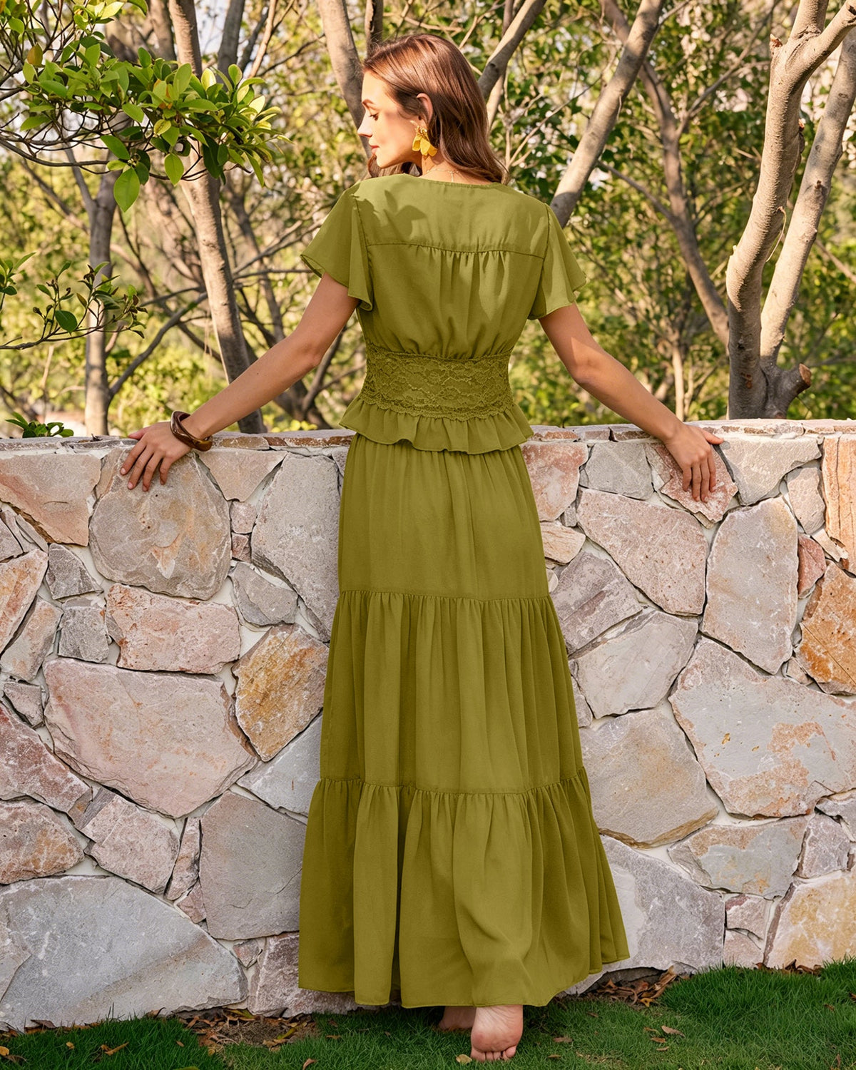 Green V-Neck Ruched Lace Chiffon Blouse - view 4