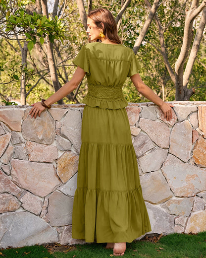 Green V-Neck Ruched Lace Chiffon Blouse - view 4